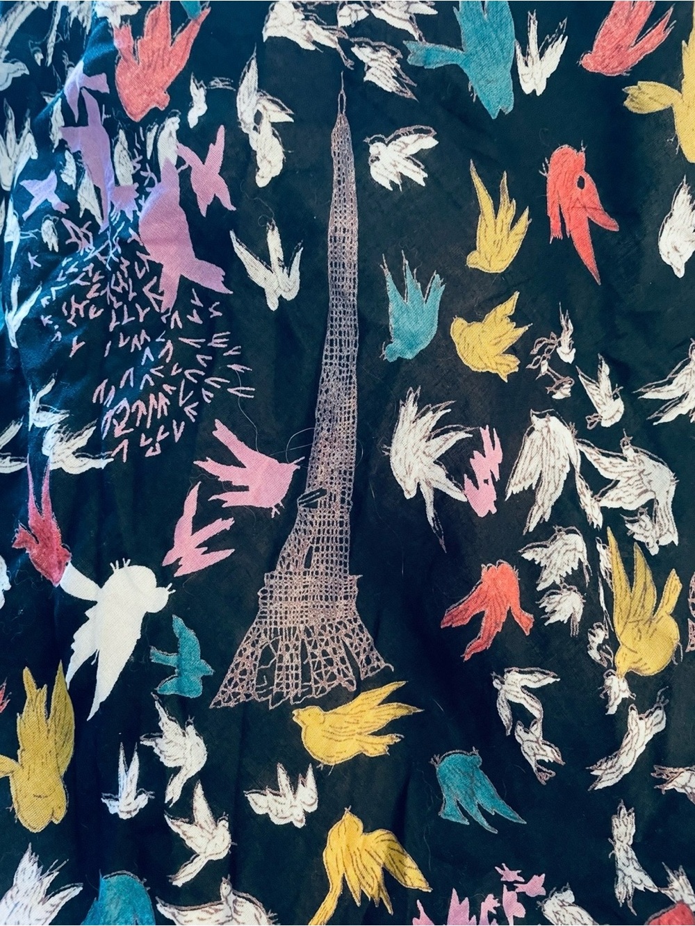Vintage Black Eiffel Tower Scarf with Colorful Bird Print